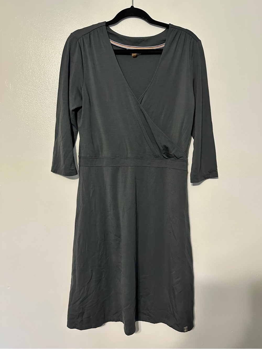 Smartwool Merino Grey Faux Wrap Dress 3/4 Sleeve Knee Length size Large
